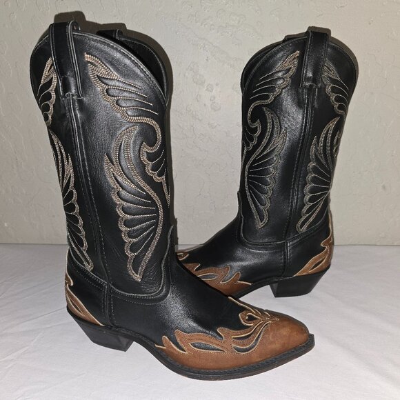 Laredo Hearts & Wingz Black And Brown Leather Western Cowgirl Boots Size 8.5 M - Picture 1 of 13